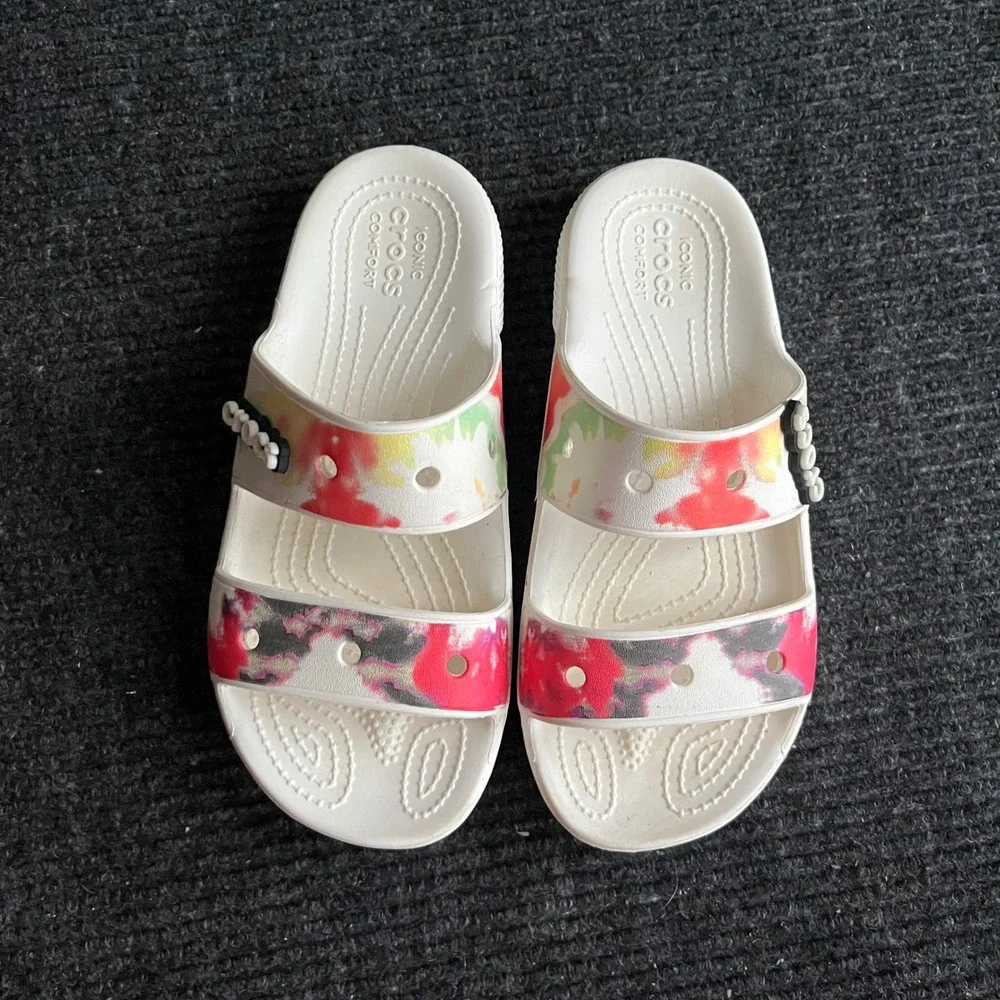Crocs Classic Sandal Womens 6 White Tie Dye Two Strap Slide Comfort Shoes slipon